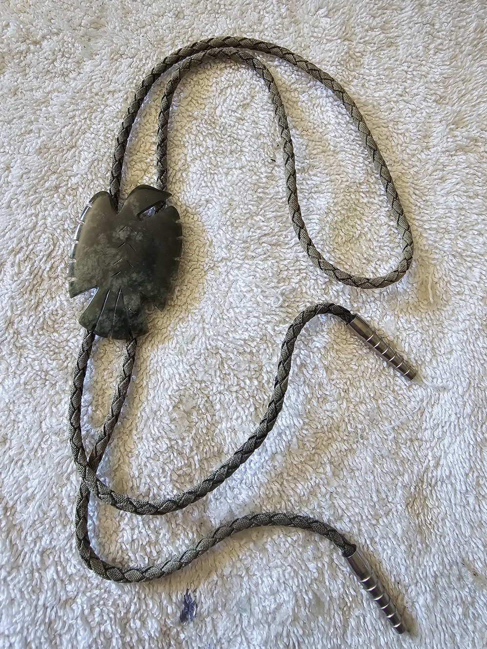 Green Jade Stone Bolo Tie Necklace with Braided Cord